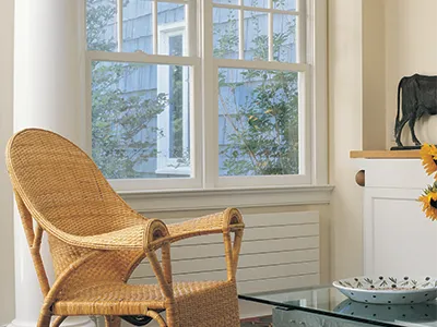 Living room windows feature the double hung sash replacement kit from Marvin
