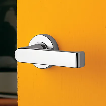 Modern looking passage door hardware from Baldwin includes this Estate lever with rose in polished chrome installed on ochre colored door