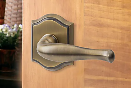 Baldwin Reserve decorative door lever in matte brass and black is installed on this passage door