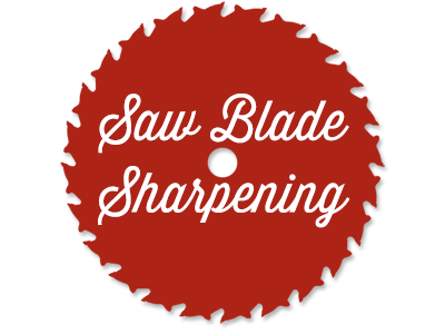 The words Saw Blade Sharpening are written on a red circular saw blade