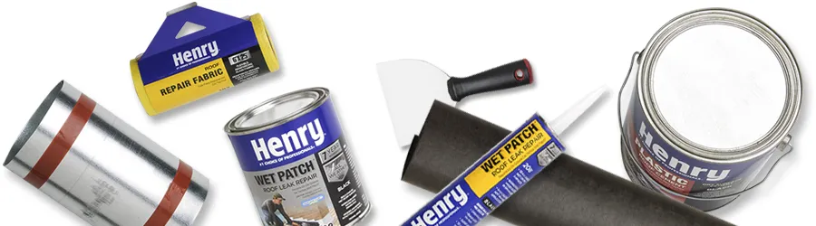 Roof products include metal flashing, 15# asphalt felt and an assortment of Henry roofing products for roof leak repairs and application tool.