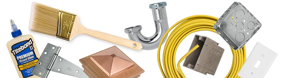 A selection of Hardware related products including wood glue, gate hinge, paint brush, p-trap, redwood post cap, electrical wire, electrical box and switch plate