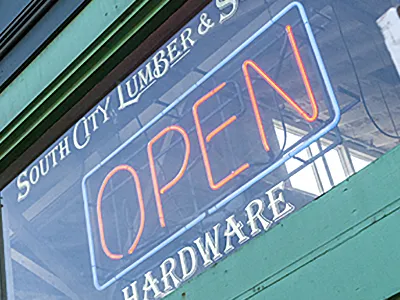 South City Lumber and Supply Hardware Open sign